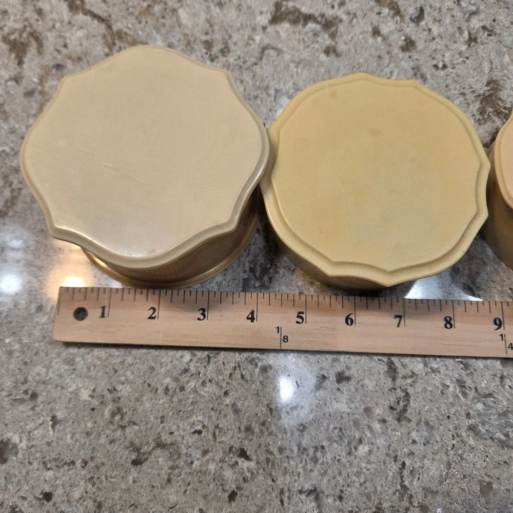 Vintage Fairfax Celluloid Vanity Boxes Cream Scalloped Art Deco Dresser Jars 4pc